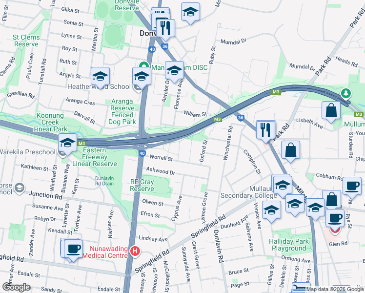 map of restaurants, bars, coffee shops, grocery stores, and more near 12 Trevor Court in Nunawading