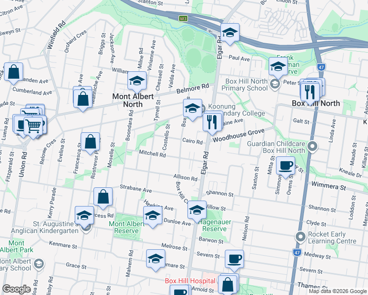 map of restaurants, bars, coffee shops, grocery stores, and more near 42 Box Hill Crescent in Mont Albert North