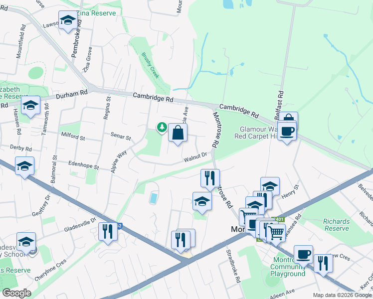 map of restaurants, bars, coffee shops, grocery stores, and more near 10 Ti Tree Court in Kilsyth