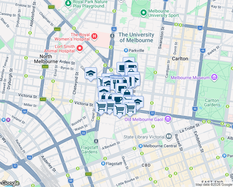 map of restaurants, bars, coffee shops, grocery stores, and more near 589 Elizabeth Street in Melbourne