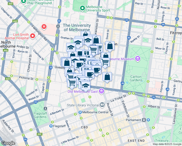 map of restaurants, bars, coffee shops, grocery stores, and more near 518 Swanston Street in Carlton
