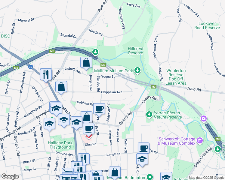 map of restaurants, bars, coffee shops, grocery stores, and more near 55 Chippewa Avenue in Donvale