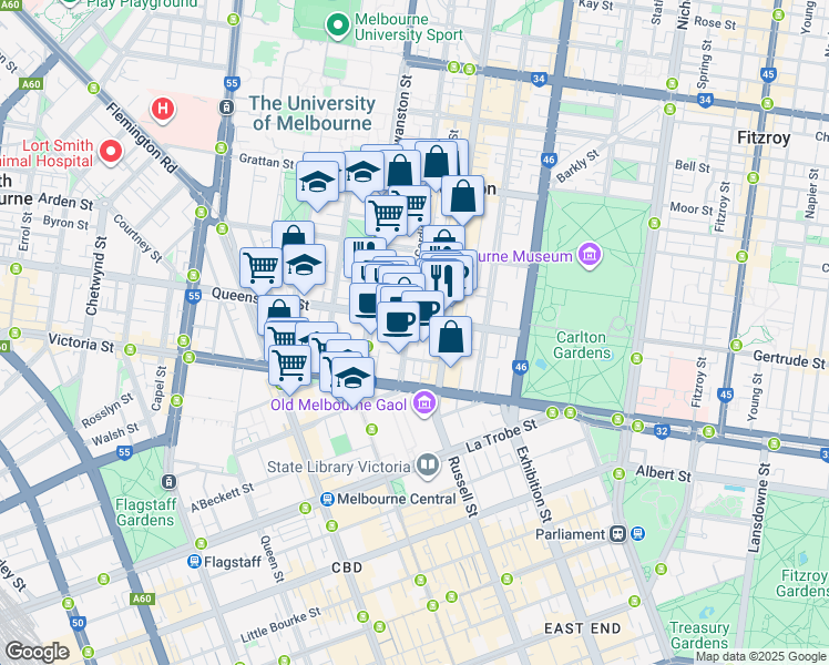 map of restaurants, bars, coffee shops, grocery stores, and more near 58 Cardigan Street in Carlton
