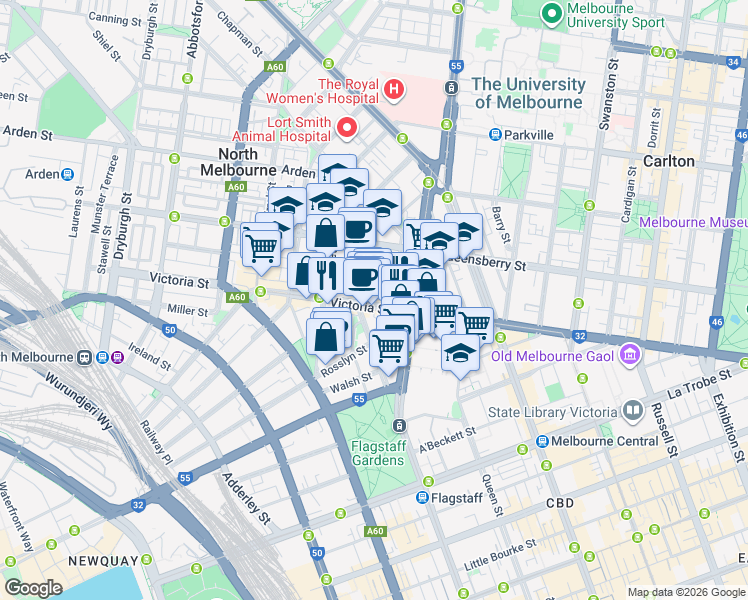 map of restaurants, bars, coffee shops, grocery stores, and more near 352 Victoria Street in North Melbourne