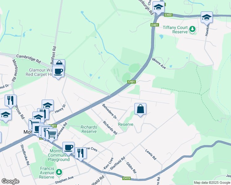 map of restaurants, bars, coffee shops, grocery stores, and more near Swansea Road in Montrose