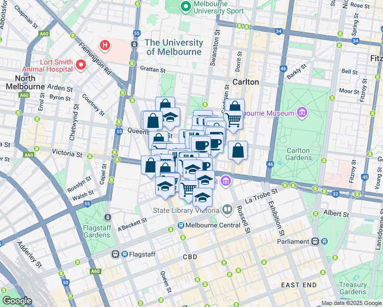 map of restaurants, bars, coffee shops, grocery stores, and more near 555 Swanston Street in Carlton