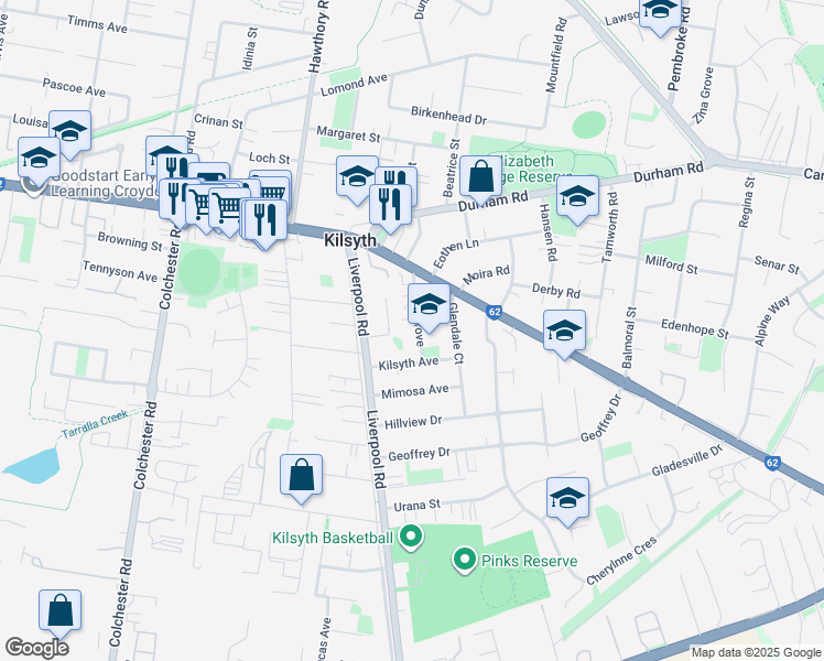 map of restaurants, bars, coffee shops, grocery stores, and more near 20 Palm Grove in Kilsyth