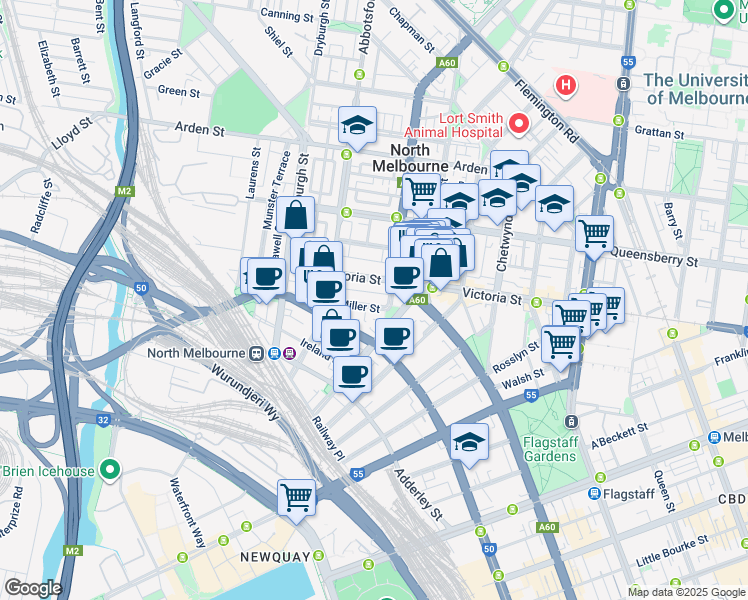 map of restaurants, bars, coffee shops, grocery stores, and more near 20 Miller Street in West Melbourne