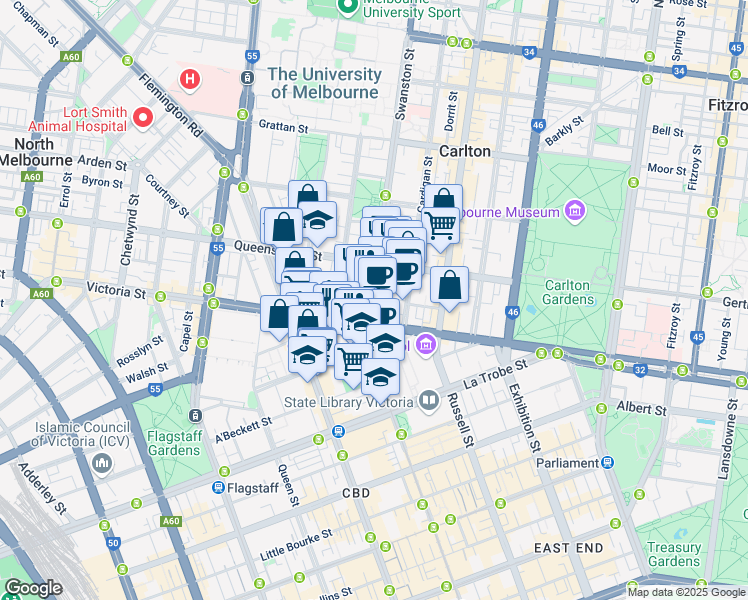 map of restaurants, bars, coffee shops, grocery stores, and more near Swanston Street in City of Melbourne