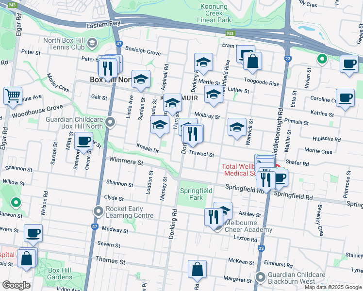 map of restaurants, bars, coffee shops, grocery stores, and more near 151 Dorking Road in Box Hill North