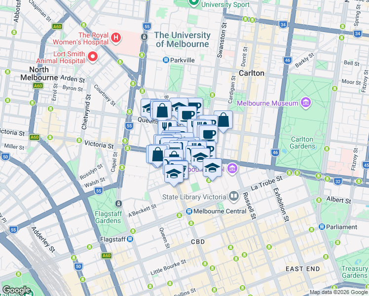 map of restaurants, bars, coffee shops, grocery stores, and more near 1 Bouverie Street in Carlton