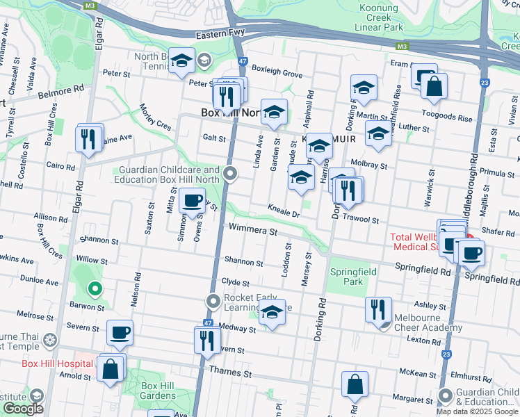 map of restaurants, bars, coffee shops, grocery stores, and more near 2 Kneale Drive in Box Hill North
