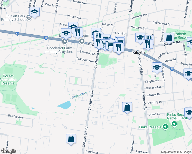 map of restaurants, bars, coffee shops, grocery stores, and more near 129 Colchester Road in Kilsyth