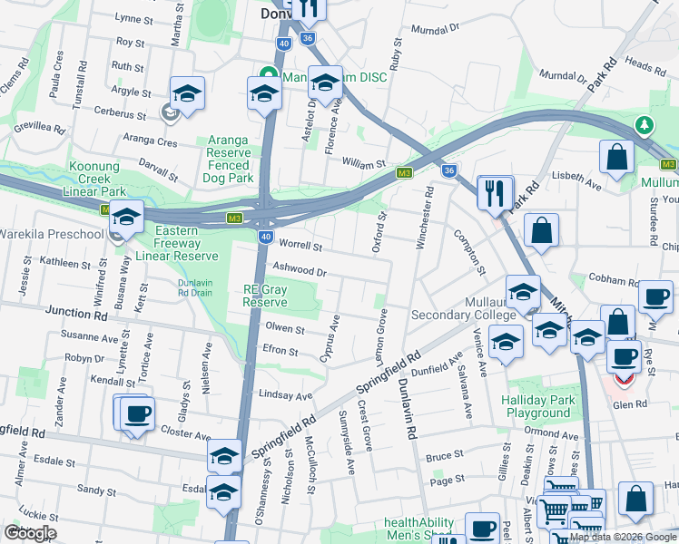 map of restaurants, bars, coffee shops, grocery stores, and more near 33 Ashwood Drive in Nunawading