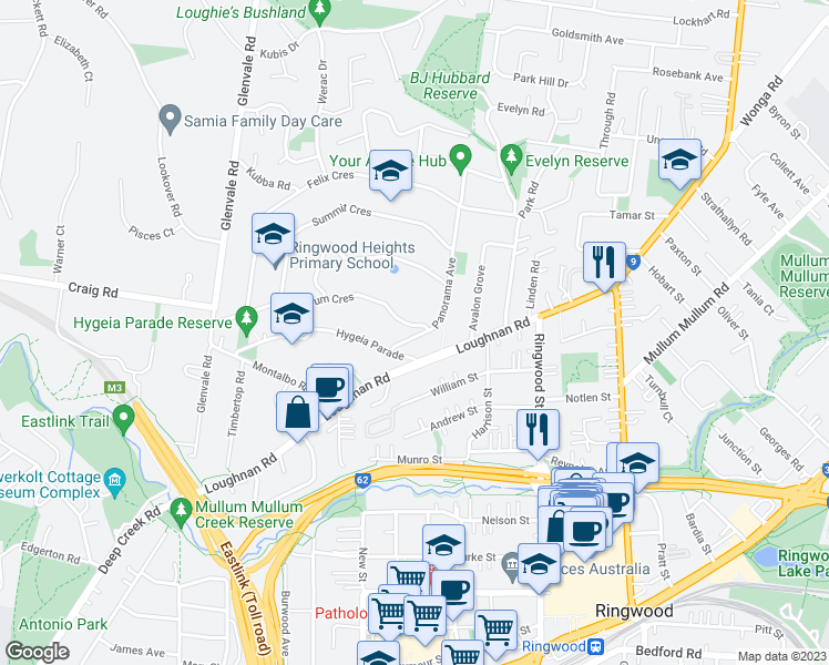 map of restaurants, bars, coffee shops, grocery stores, and more near 9 Panorama Avenue in Ringwood North