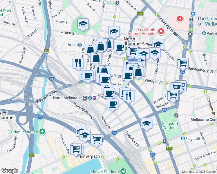 map of restaurants, bars, coffee shops, grocery stores, and more near 646 Spencer Street in West Melbourne