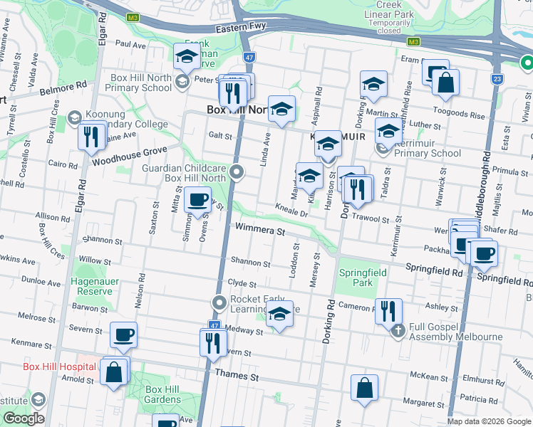 map of restaurants, bars, coffee shops, grocery stores, and more near 2 Kneale Drive in Box Hill North