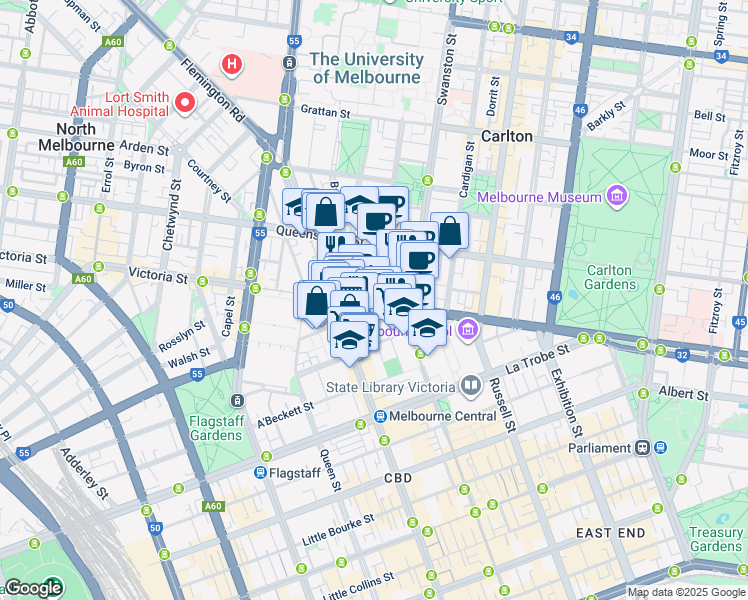 map of restaurants, bars, coffee shops, grocery stores, and more near 1 Bouverie Street in Carlton