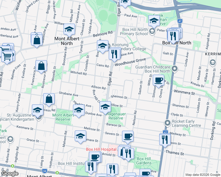 map of restaurants, bars, coffee shops, grocery stores, and more near 560 Elgar Road in Box Hill North