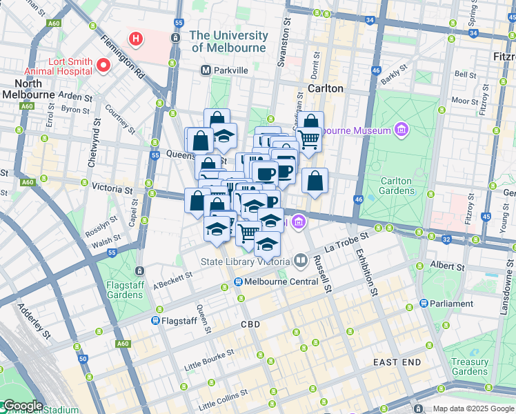 map of restaurants, bars, coffee shops, grocery stores, and more near Swanston Street in Melbourne City