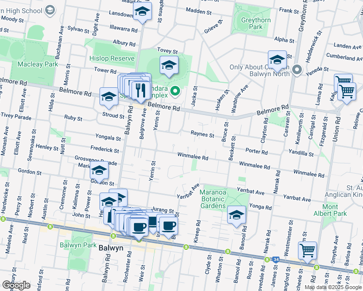map of restaurants, bars, coffee shops, grocery stores, and more near 5 Dunure Court in Balwyn