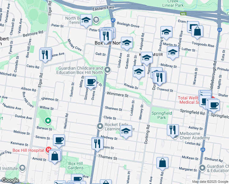 map of restaurants, bars, coffee shops, grocery stores, and more near 9 Wimmera Street in Box Hill North