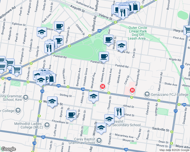 map of restaurants, bars, coffee shops, grocery stores, and more near 18 Marshall Avenue in Kew