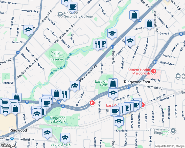 map of restaurants, bars, coffee shops, grocery stores, and more near 320 Maroondah Highway in Ringwood