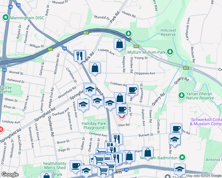 map of restaurants, bars, coffee shops, grocery stores, and more near 1 Wooddale Grove in Mitcham
