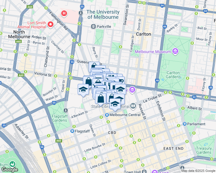map of restaurants, bars, coffee shops, grocery stores, and more near 124 La Trobe Street in Melbourne