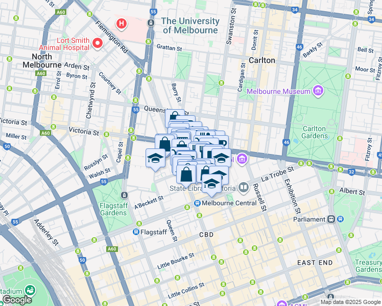 map of restaurants, bars, coffee shops, grocery stores, and more near 25 Therry Street in Melbourne