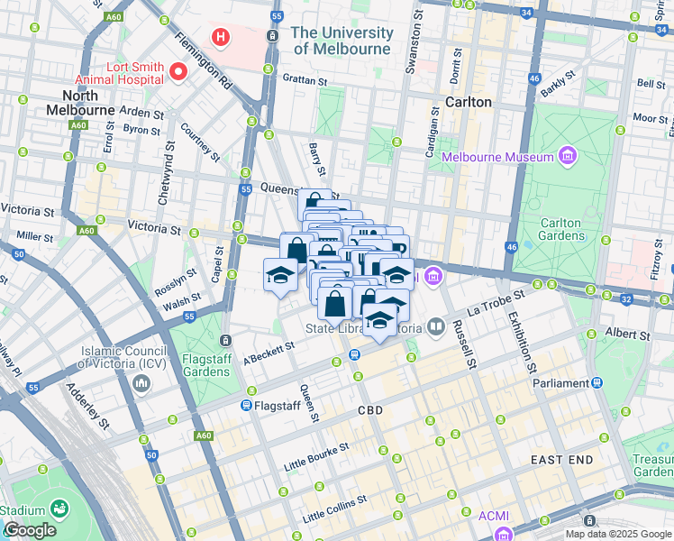 map of restaurants, bars, coffee shops, grocery stores, and more near 43 Therry Street in Melbourne