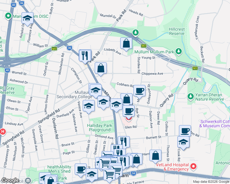 map of restaurants, bars, coffee shops, grocery stores, and more near 4 Wooddale Grove in Mitcham