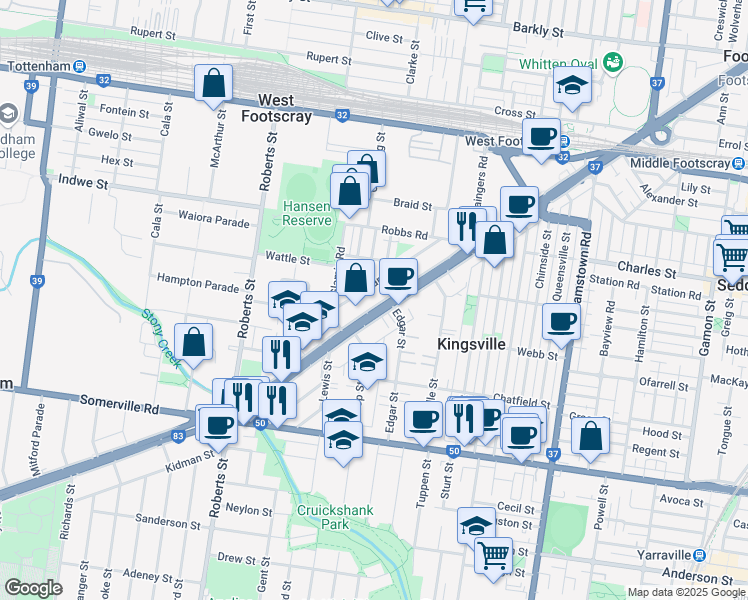 map of restaurants, bars, coffee shops, grocery stores, and more near 340 Geelong Road in West Footscray