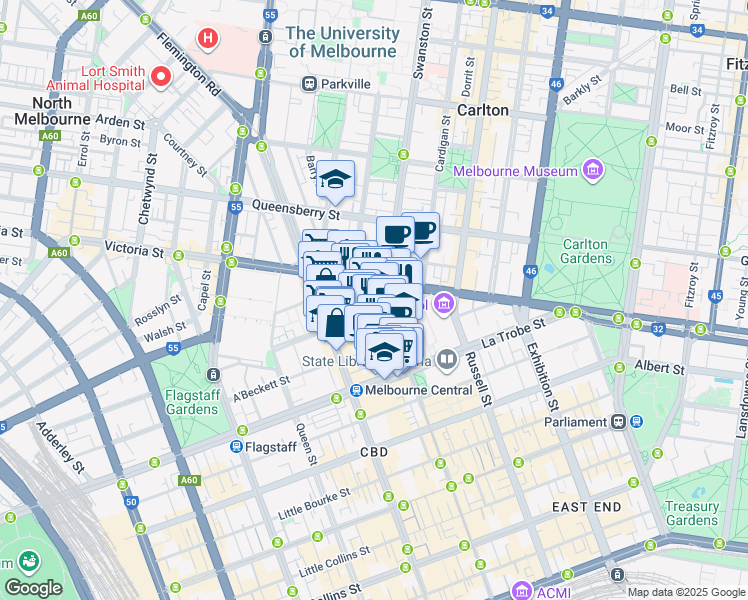 map of restaurants, bars, coffee shops, grocery stores, and more near 483 Swanston Street in Melbourne