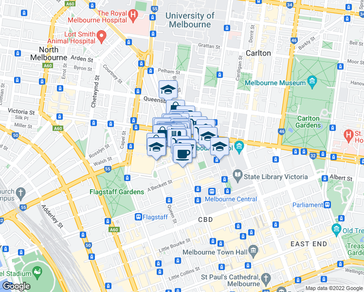 map of restaurants, bars, coffee shops, grocery stores, and more near 496-504 Elizabeth Street in Melbourne
