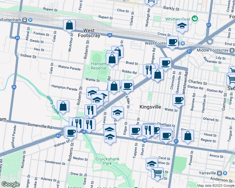 map of restaurants, bars, coffee shops, grocery stores, and more near 340 Geelong Road in West Footscray