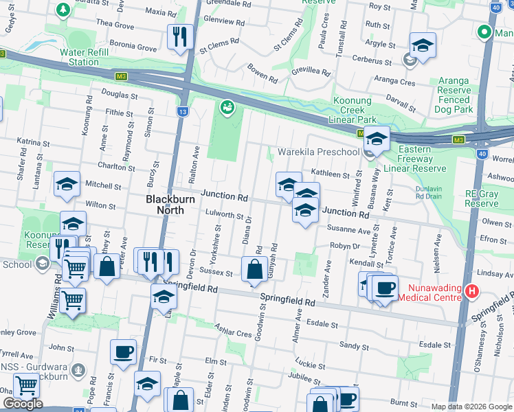 map of restaurants, bars, coffee shops, grocery stores, and more near 44 Junction Road in Blackburn North