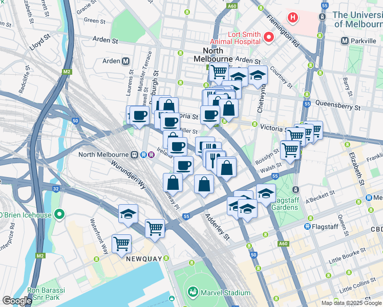 map of restaurants, bars, coffee shops, grocery stores, and more near 151 Hawke Street in West Melbourne