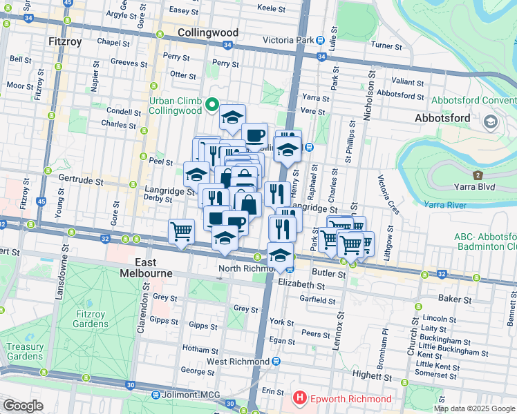 map of restaurants, bars, coffee shops, grocery stores, and more near 55 Islington Street in Collingwood