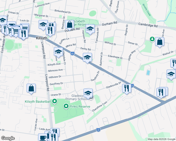 map of restaurants, bars, coffee shops, grocery stores, and more near 13 Sophie Street in Kilsyth