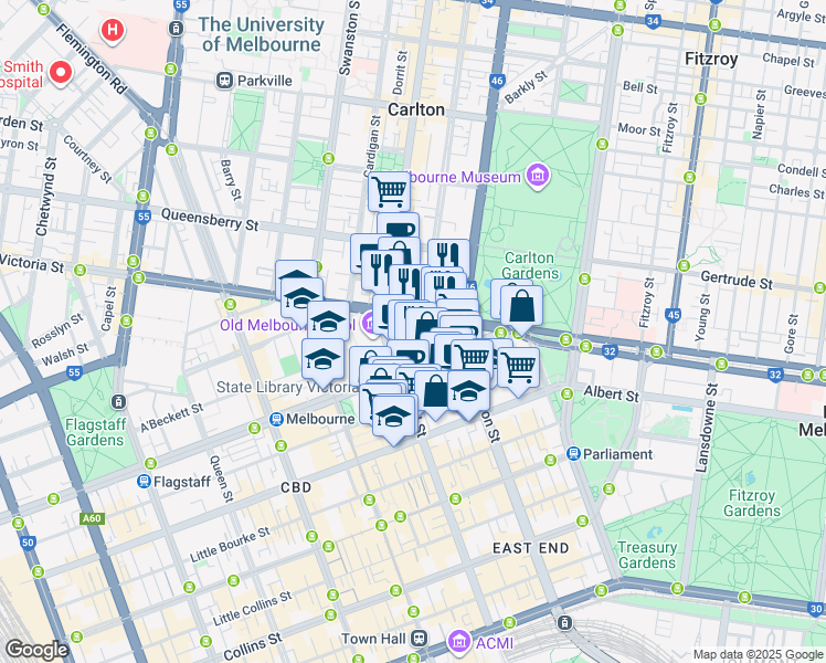 map of restaurants, bars, coffee shops, grocery stores, and more near 33 MacKenzie Street in Melbourne