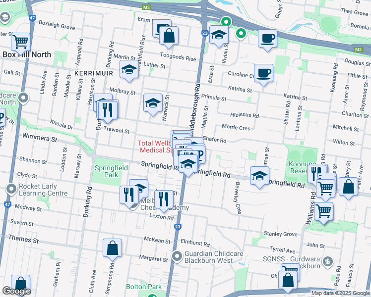 map of restaurants, bars, coffee shops, grocery stores, and more near 545 Middleborough Road in Box Hill North