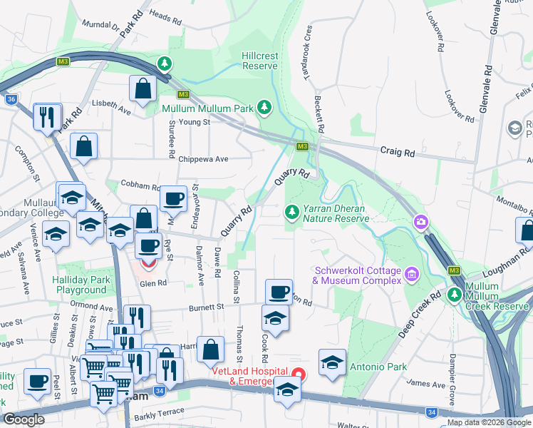 map of restaurants, bars, coffee shops, grocery stores, and more near 5-7 Casella Street in Mitcham