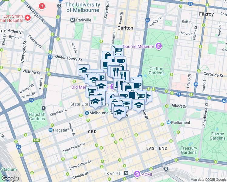map of restaurants, bars, coffee shops, grocery stores, and more near 377 Russell Street in Melbourne