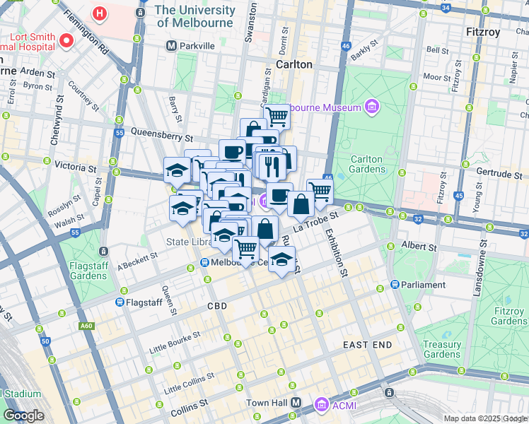 map of restaurants, bars, coffee shops, grocery stores, and more near 377 Russell Street in Melbourne