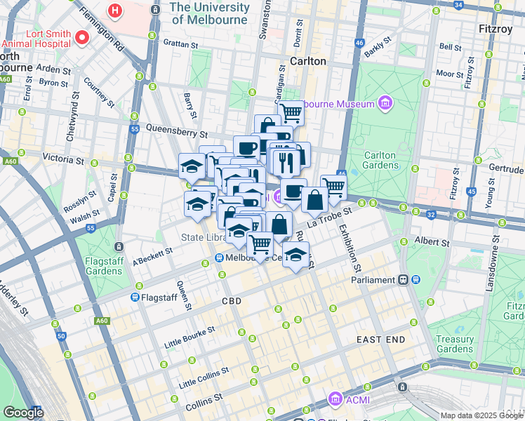 map of restaurants, bars, coffee shops, grocery stores, and more near 124 La Trobe Street in Melbourne