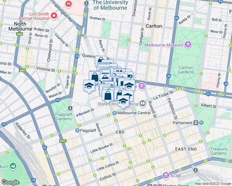 map of restaurants, bars, coffee shops, grocery stores, and more near 87 Franklin Street in Melbourne