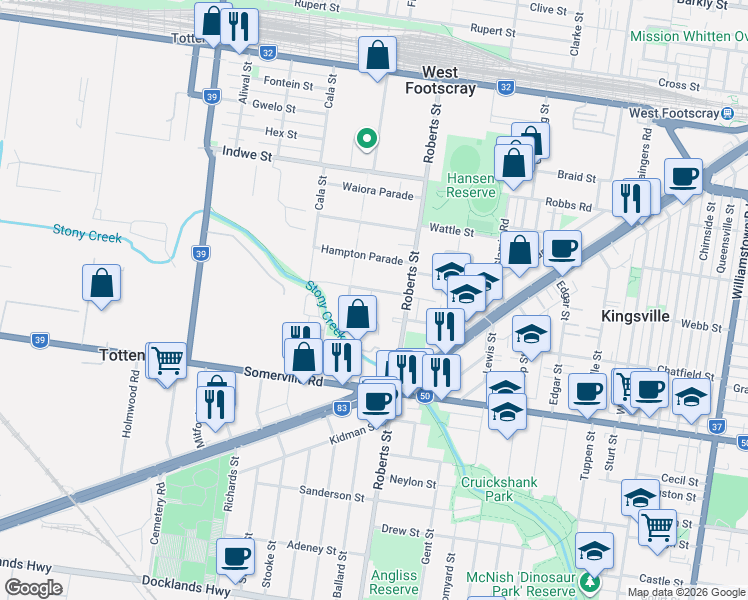 map of restaurants, bars, coffee shops, grocery stores, and more near 13 Beaumont Parade in West Footscray