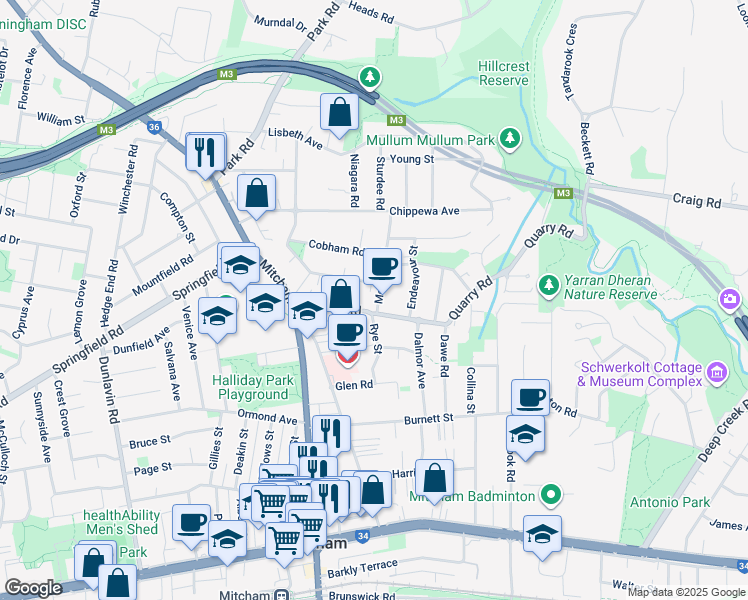 map of restaurants, bars, coffee shops, grocery stores, and more near 26 McKeon Road in Mitcham
